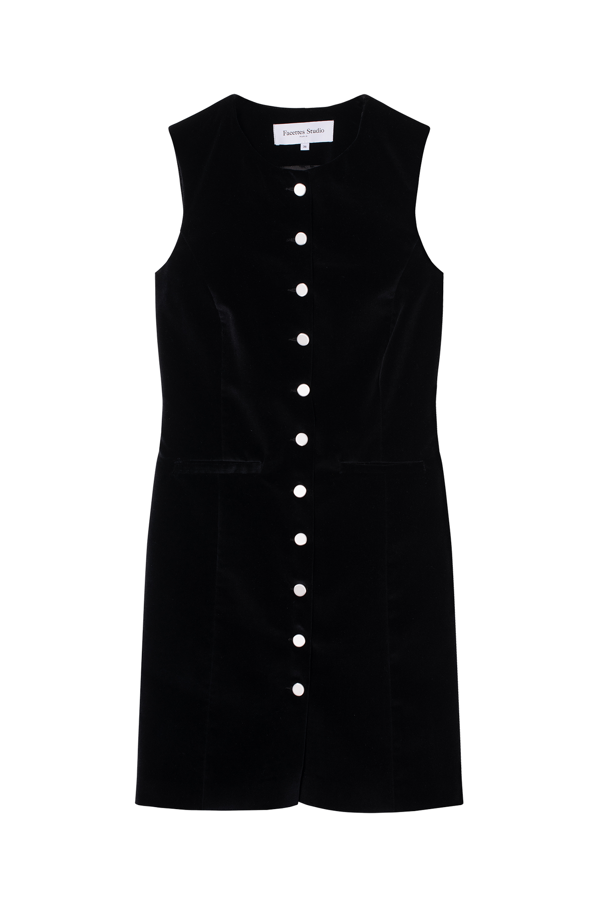 robe courte en velours de coton noir et boutons de satin de soie blanc - Facettes Studio