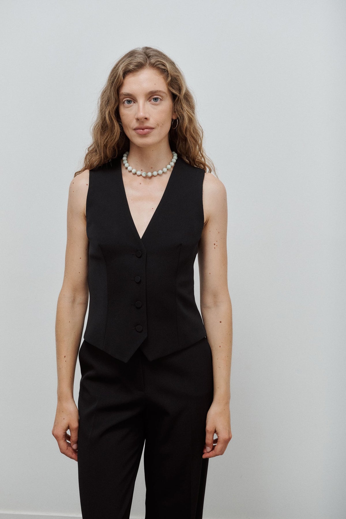 gilet veston de tailleur femme gabardine de laine noire Made in France par Facettes Studio