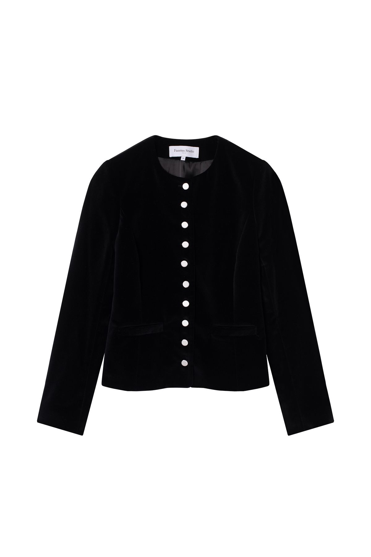 veste femme cintrée en velours de coton noir et boutons de satin blanc - Facettes Studio